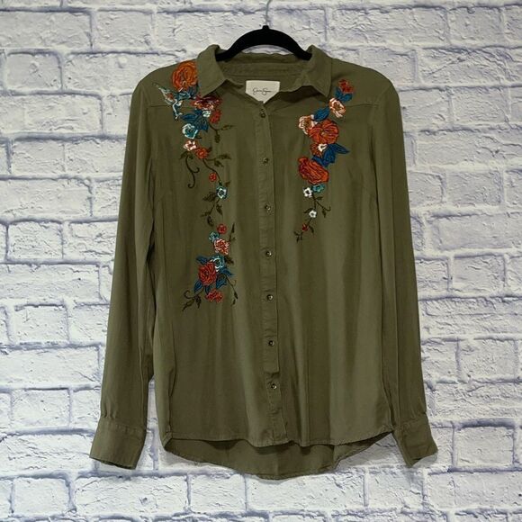 Jessica Simpson Burnt Olive Pearl Floral Embroidered Long Sleeve Button Down Top - Picture 2 of 15